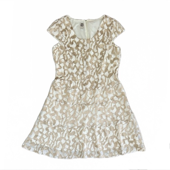 Ann Klein Womens Midi Dress Tan Gold Knee‎ Length Cap Sleeve Full Lined Size 16 - Picture 1 of 7